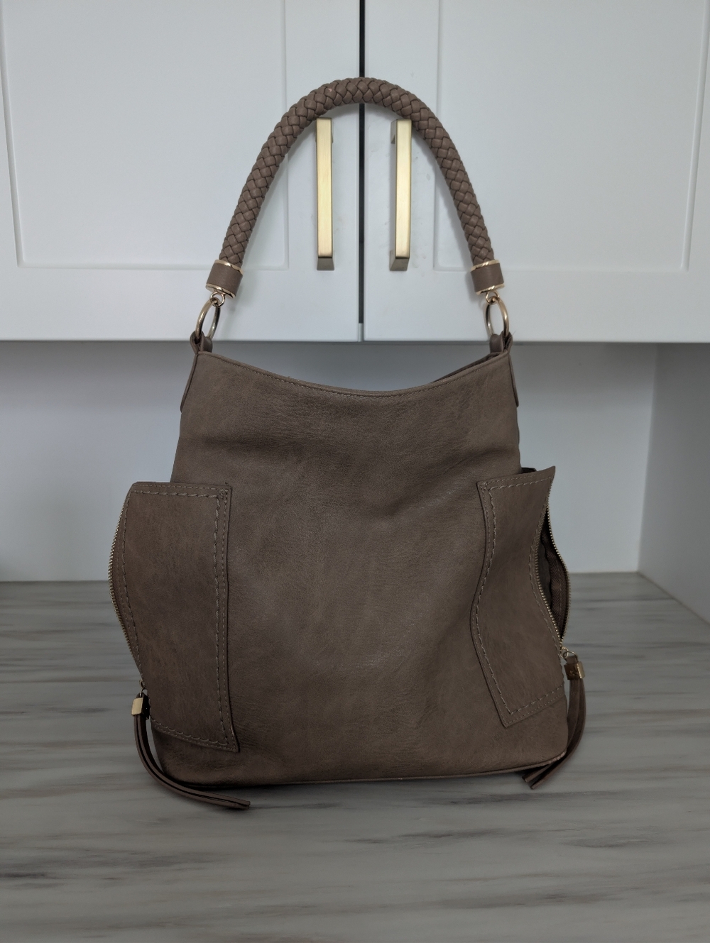 Miztique Taupe Braided-Handle Shoulder Hobo Bag